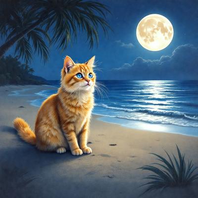 The primary subject of the image is a cat sitting on a beach at night. The cat is looking up at the moon, which is visible in the sky. The setting is a beach with sand and water, and the visual style is a painting or drawing. The colors and mood of the image are predominantly dark, with the cat being the main focus and the moon providing a subtle, serene atmosphere.